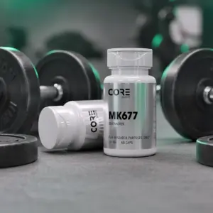CORE SARMS MK677 Ibutamoren 10mg bottles displayed in a gym setting next to dumbbells, 60 capsules per bottle
